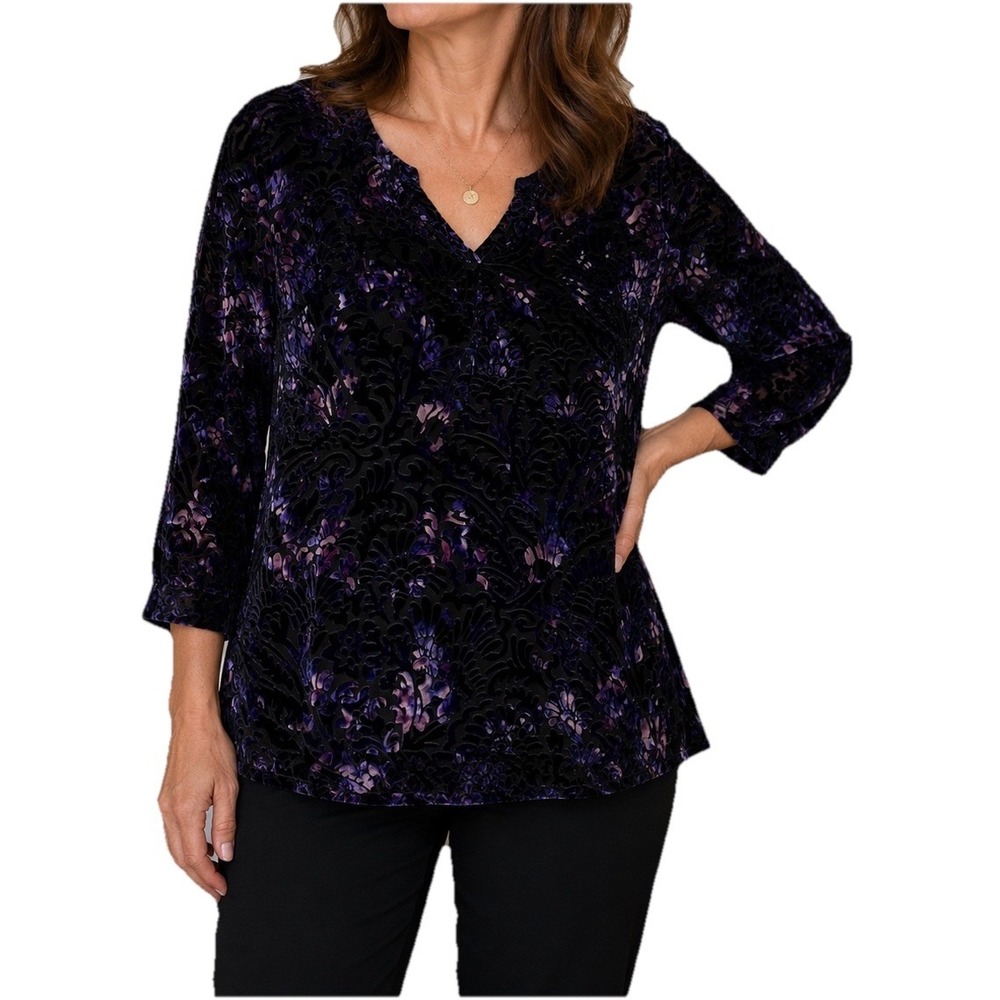 Roz & Ali Velvet Burnout Floral Top Purple Black Women Large 3/4 Sleeve